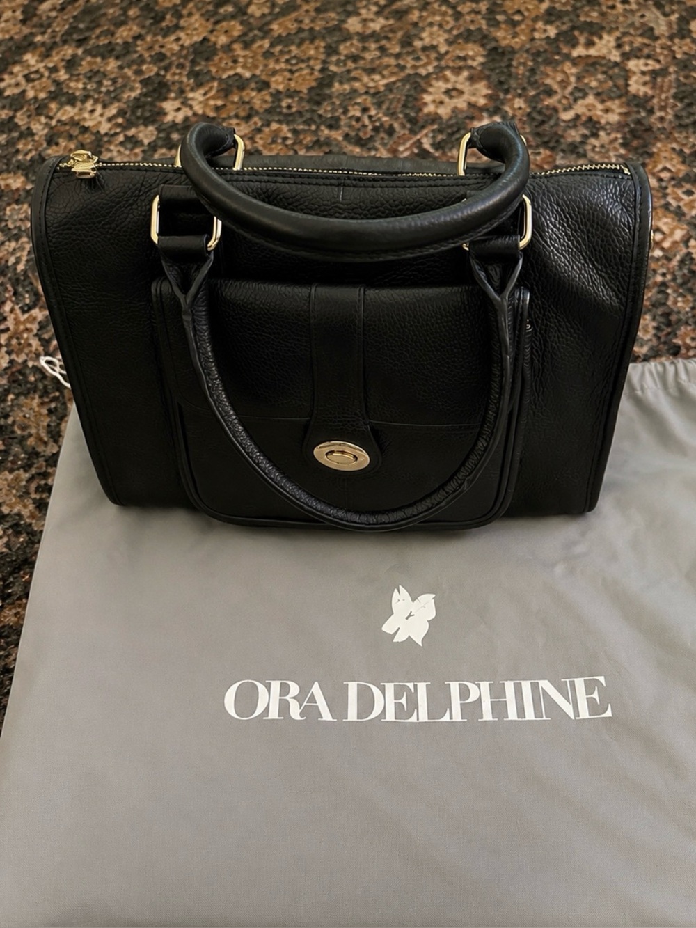 NWT Ora Delphine Black Pebbled Leather Satchel Purse w/ Dust Bag